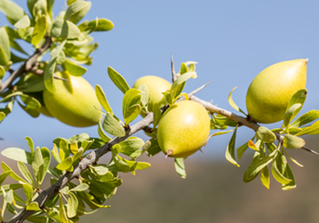 Branche de l'arganier comportant des fruits d'argan avec un ciel bleu en arri&egrave;re plan