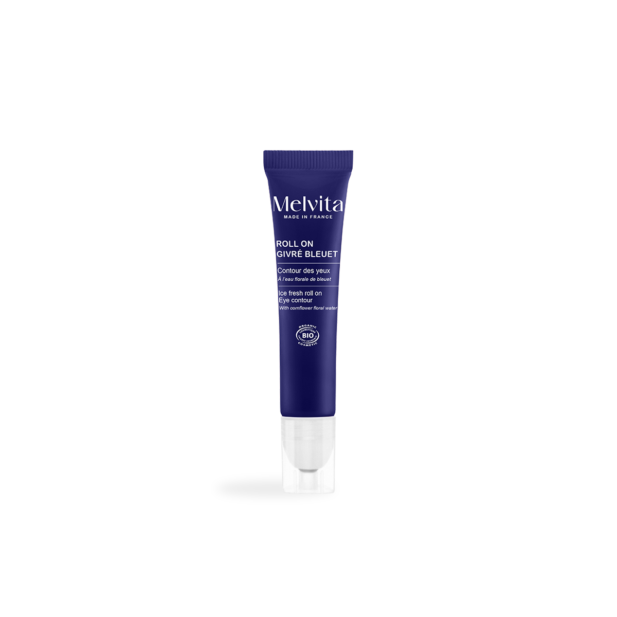 Agrandir la vue1/4 de Packshot du Roll-On Givr&eacute; Contour Des Yeux Au Bleuet Bio de couleur bleu fonc&eacute;