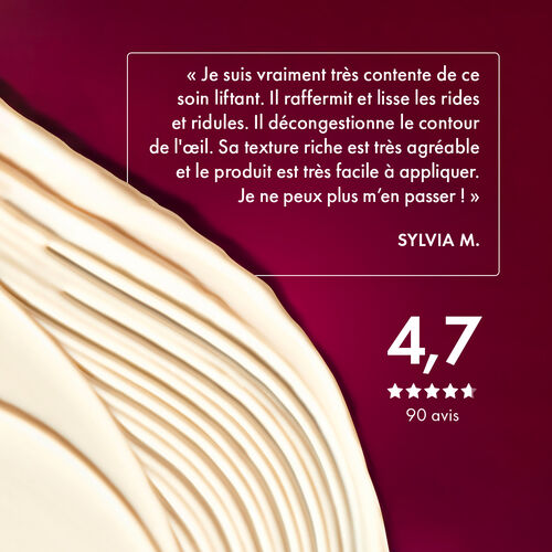 Agrandir la vue3/4 de "Je suis vraiment tr&egrave;s contente de ce soin liftant. Il raffermit et lisse les rides et ridules. Il d&eacute;congestionne le contour de l'oeil. Sa texture riche est tr&egrave;s agr&eacute;able et le produit est tr&egrave;s facile &agrave; appliquer. Je ne peux plus m'en passer ! SYLVIA M."