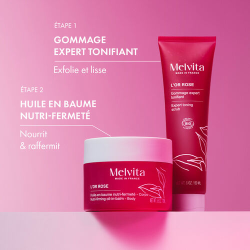 Agrandir la vue5/7 de Le duo avec l'huile en baume nutri-fermet&eacute; et le gommage expert tonifiant sur un mur blanc. "Etape 1 : Gommage expert tonifiant, Exfolie et lisse", "Etape 2 : Huile en baume nutri-fermet&eacute;, Nourrit et raffermit"