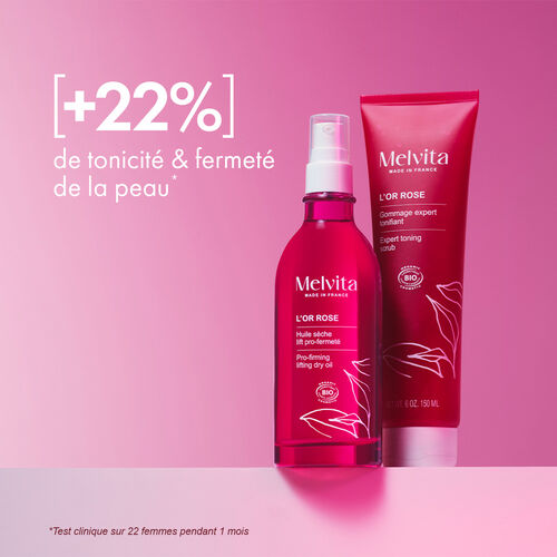 Agrandir la vue9/11 de Visuel du duo Huile s&egrave;che Lift Pro-Fermet&eacute; et le Gommage Expert Tonifiant sur un mur blanc. A gauche "+22% de tonicit&eacute; & fermet&eacute; de la peau*". En bas en petit "Test clinique sur 22 femmes pendant 1 mois"