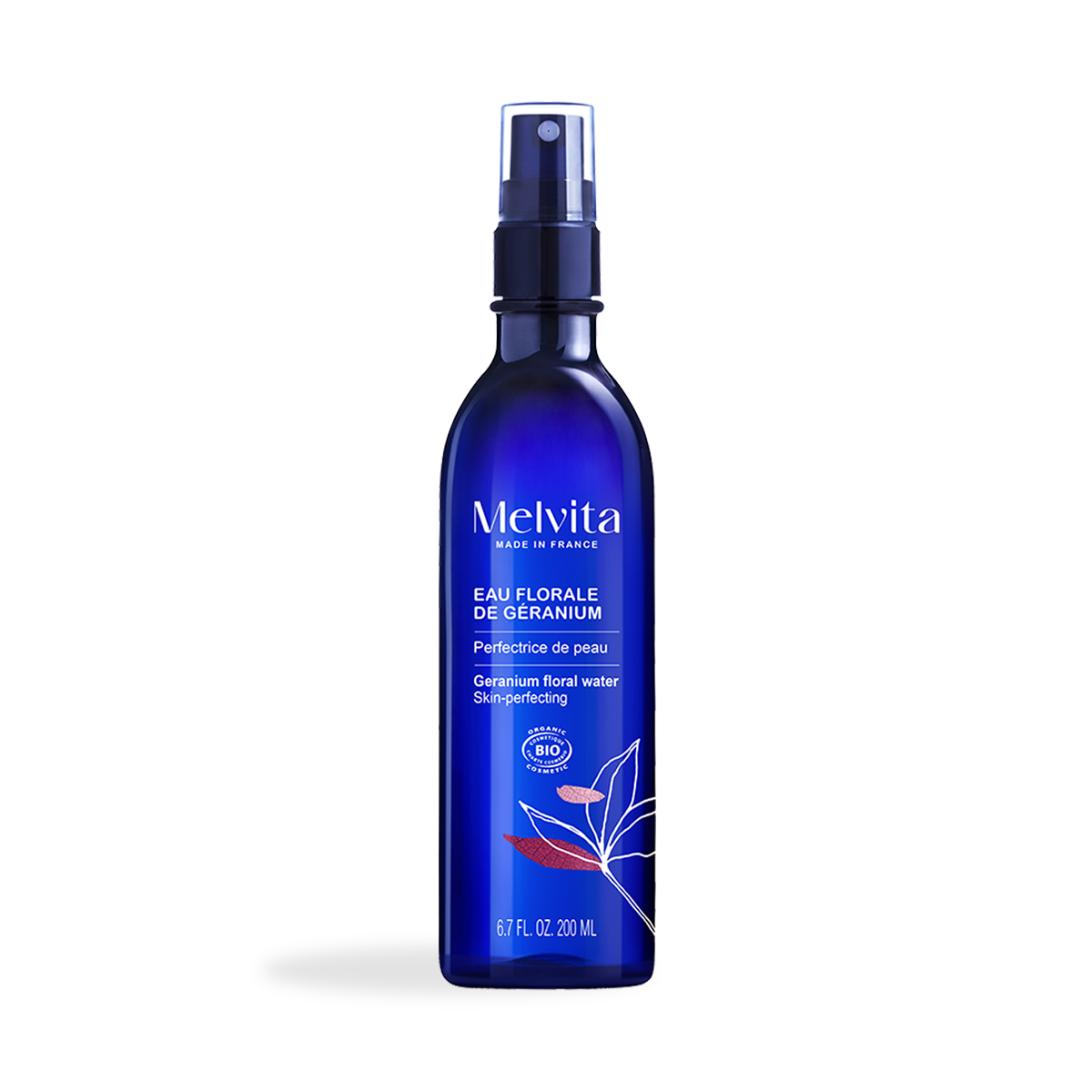 Agrandir la vue1/7 de Packshot de l'eau florale de g&eacute;ranium en spray d'une couleur bleu fonc&eacute; avec un dessin de feuille rose fonc&eacute;